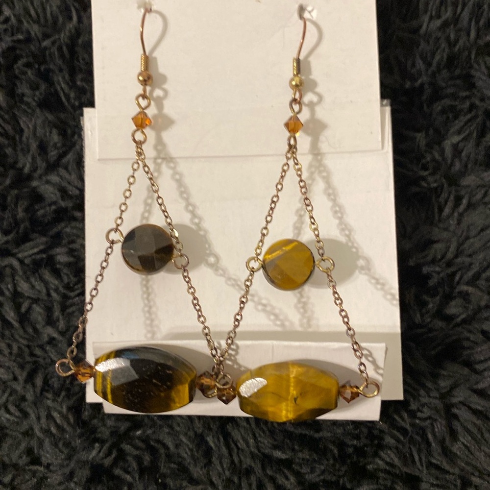 Brass Chain Facet Cut Tiger's Eye Bead Drop Chandelier Earrings